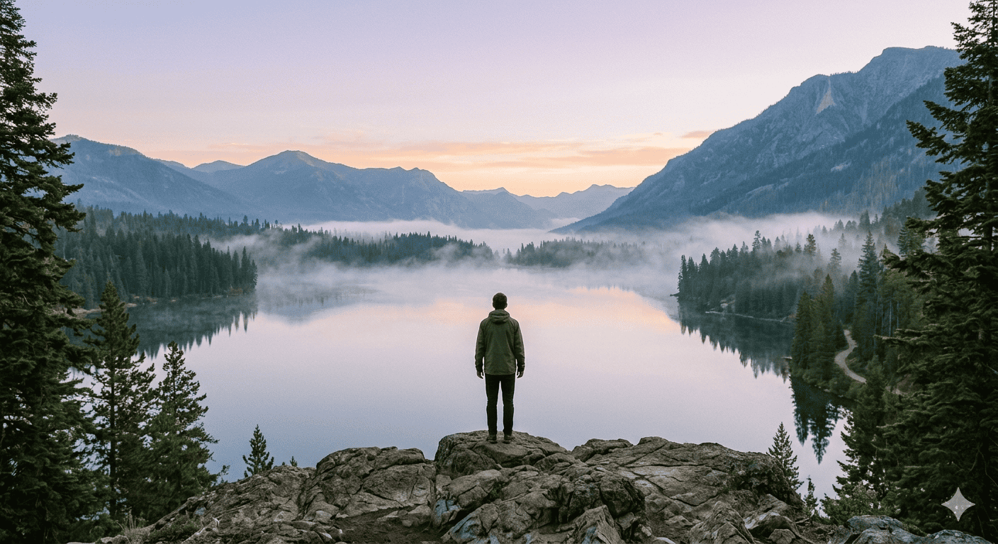 Hombre mirando al lago en el amanecer