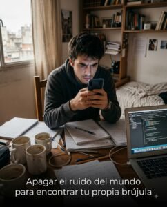 Imagen del joven a los 20 con el celular estudiando